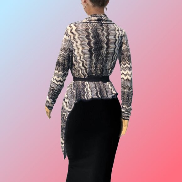 BCBG MaxAzria Chevron Design High-Low Waterfall Open Front Wrap Cardigan Size L - Picture 3 of 6